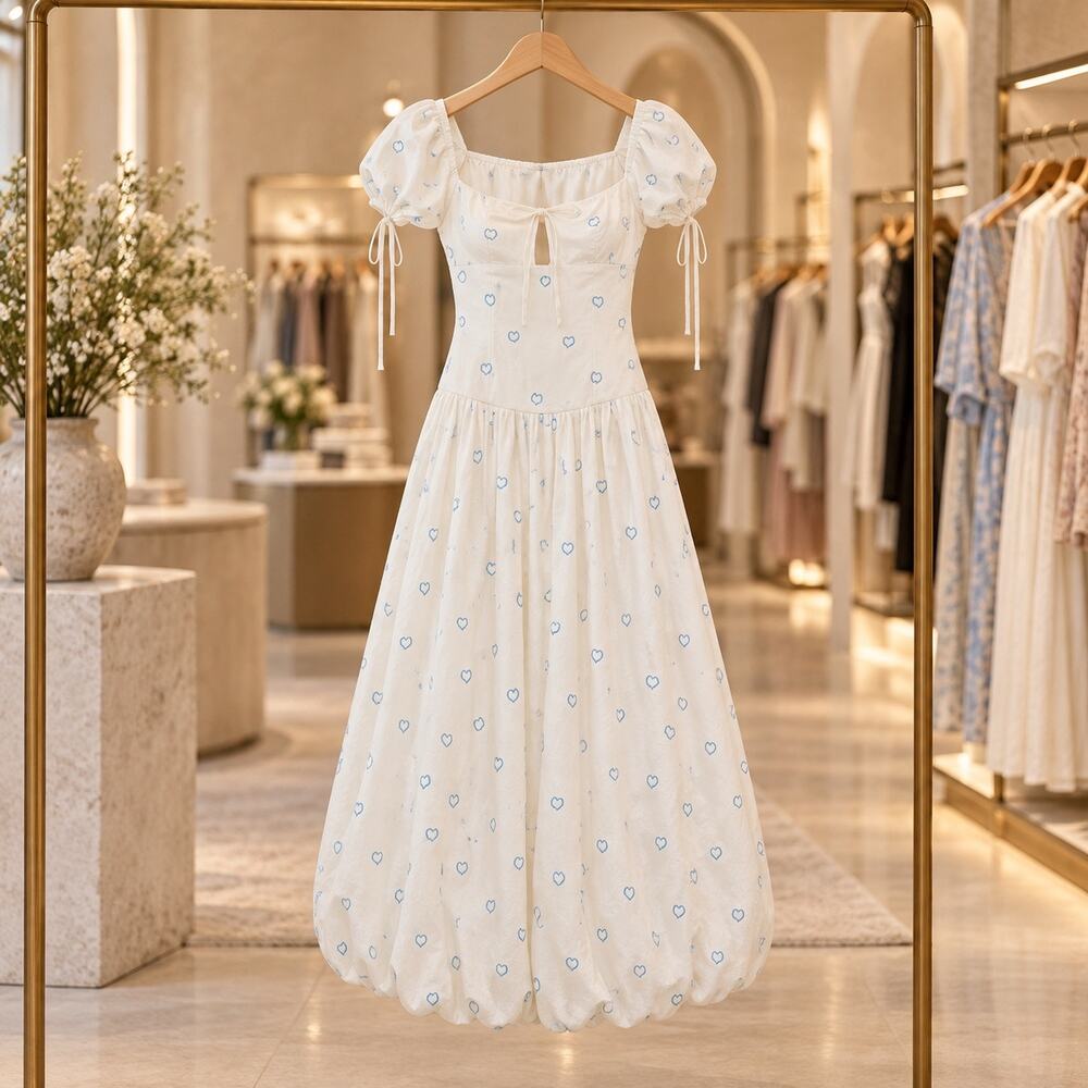 Free People Bali Sprinkled Heart Puff Sleeve Cotton Maxi Dress Ivory 10 NWT Boho